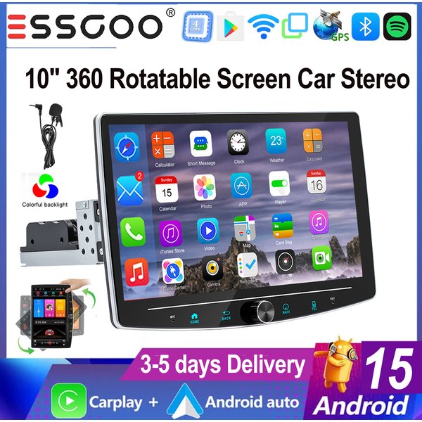 ESSGOO 10,1" Android 15 1 DIN Universal 360 ° Drehbarer Touchscreen Carplay MIC Android Auto Autoradio Radio GPS NAVI BT WIFI FM