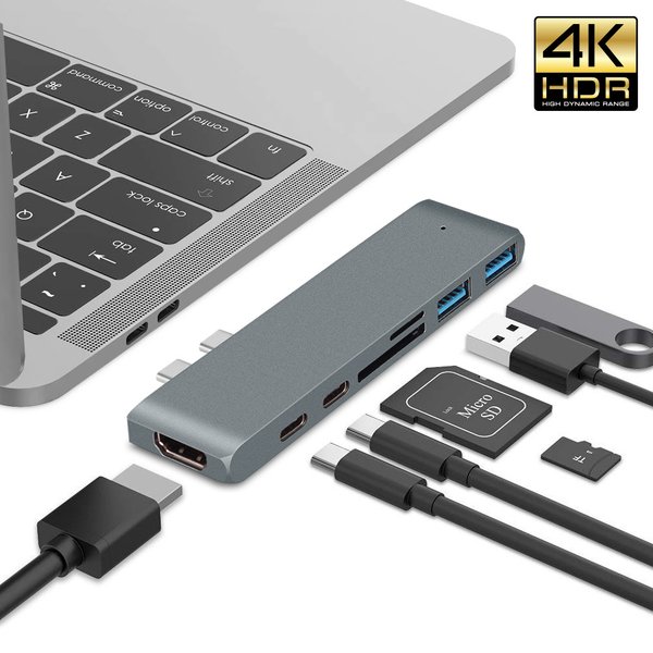 USB C Hub, USB-C Duo 7-in-2 for MacBook Pro Air, HDMI-compatible 4K60Hz HDR 100W PD 40Gbps USB 3.1 Micro SD/SD Card Reader
