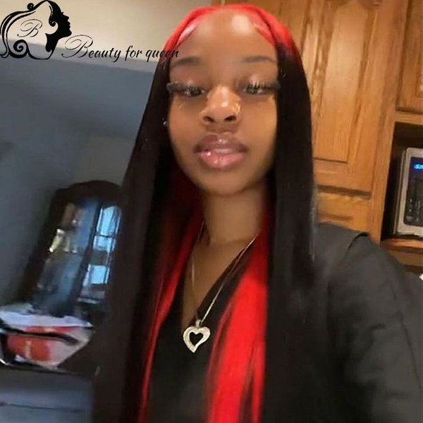 Long Straight Human Hair Wigs Extensions Back Burgundy Highlight Wig Colored 13x4 Lace Front Wig Glueless Wear And Go For Women