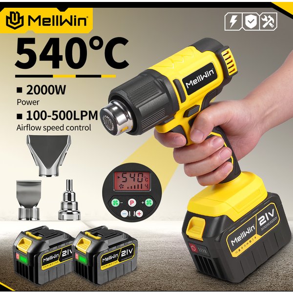 MELLWIN 540 ° Bezprzewodowa opalarka elektryczna z 25-stopniową regulacją temperatury do usuwania folii samochodowych i lakieru, kompatybilna z akumulatorem Makita 18V.
