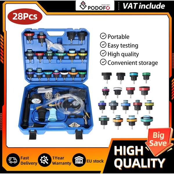 Kit de test de pression du liquide de refroidissement et d'outils de remplissage sous vide Podofo 28 pièces, ensemble universel de test de fuite pneumatique, purge et remplissage pour voitures et