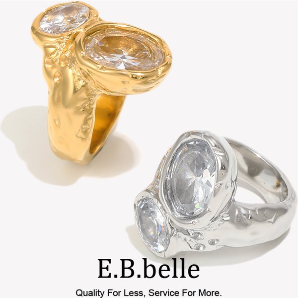 E.B.belle Zircon Double-headed Ring For Women 18K Gold Plated Stainless Steel Rings Women's Jewelry Decoration Accessories Gift