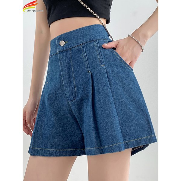 DFRCAEG 2024 été grande taille Denim Shorts pour femmes taille haute élastique bleu ou bleu ciel plissé Mini grande taille courte Femme