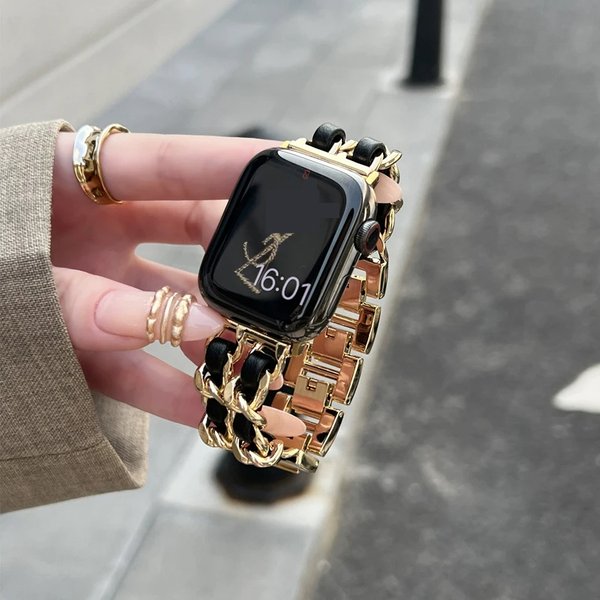 Luxuriöses Metall-Lederarmband für Apple Watch Band 49 mm, 41 mm, 45 mm, 38 mm, 42 mm, 44 mm, 40 mm, Damen-Armband für iWatch Ultra 8 7 SE 6 5 4