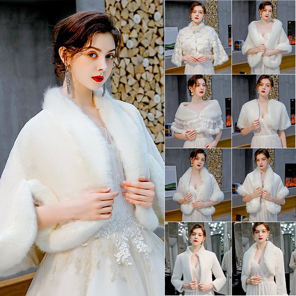 Winter lange Ärmel kurze dicke warme Hochzeit Mantel Frauen Pelz kragen Split Braut Schal Braut Party Kleid Wrap Accessoires