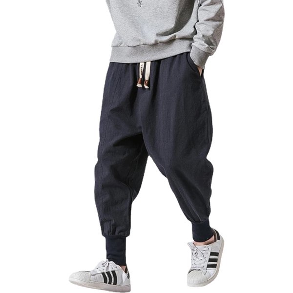 Pantalon sarouel en coton et lin pour hommes, couleur unie, taille élastique, Streetwear, jogging, Baggy, entrejambe goutte, décontracté