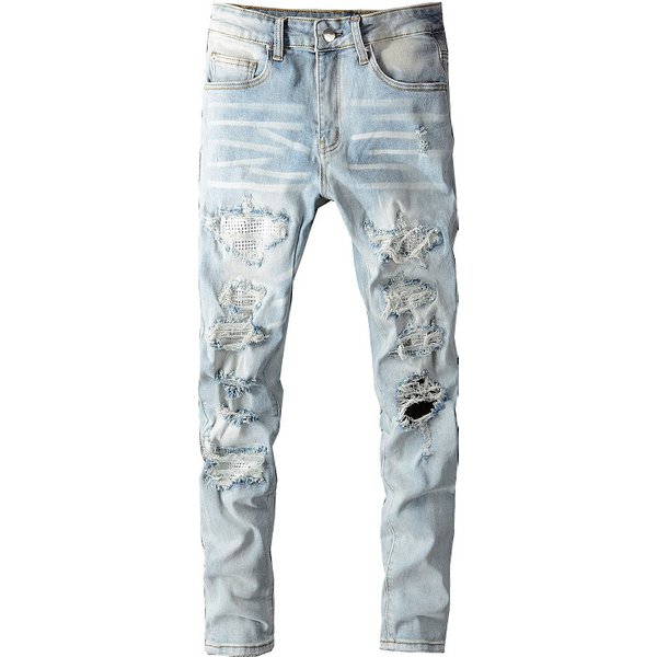 Men Crystal Holes Ripped Patchwork Jeans Streetwear Light Blue Denim Slim Skinny Pencil Pants Trousers