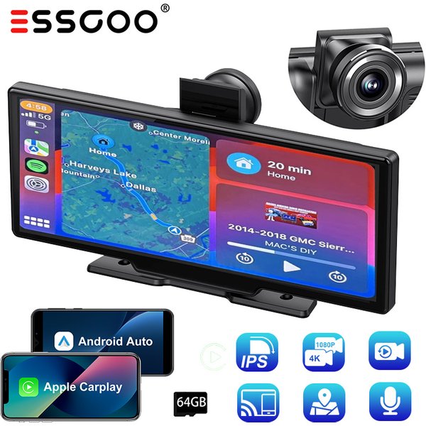 ESSGOO 10,26 "4K 64G Tragbare Touchscreen Drahtlose Bluetooth Stereo CarPlay Android Auto Karte Dual Objektiv auto Dash Cam FM AUX WIFI