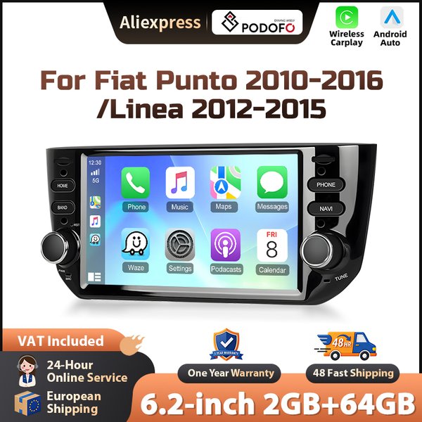Autoradio Podofo 6,2 pouces pour Fiat Punto 2010-2016/Linea 2012-2015, CarPlay sans fil, autoradio Android, WIFI, GPS, radio FM/RDS, BT