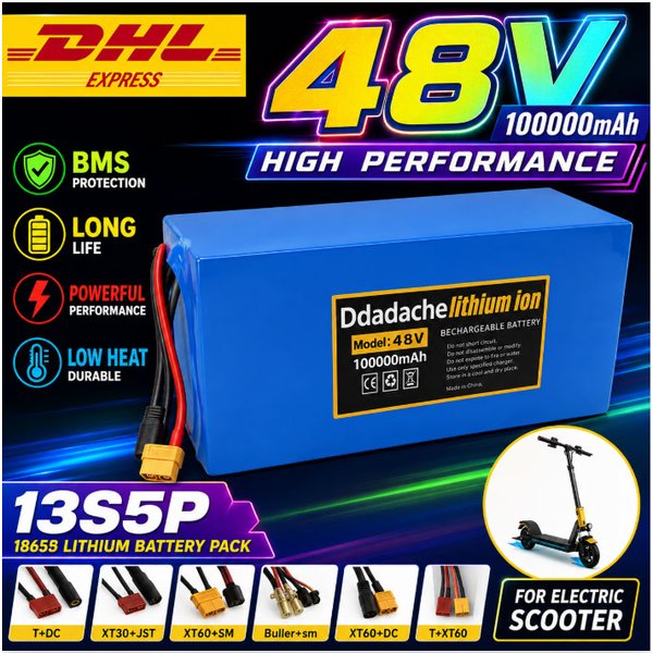 PL Warehouse 48V Elektroroller-Akku 13S5P 100Ah 18650 Grade-A-Zellen Eingebautes BMS XT60 JST-Anschluss Hohe Kapazität Lange Reichweite Sicher Langlebig Für 2000W E-Bike Elektrofahrrad Ersatzakku