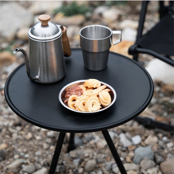 Table à manger ronde pliante portable, table télescopique extérieure à trois pieds, table basse en alliage d'aluminium, table relevable pour la randonnée et le pique-nique