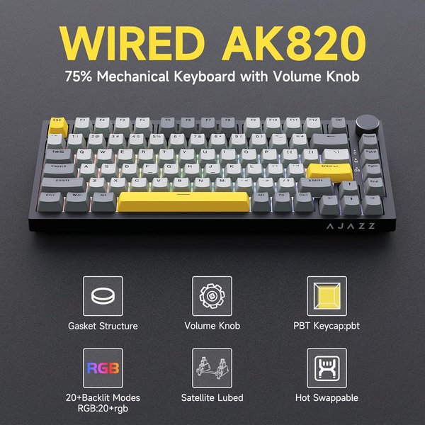 Ajazz AK820 Przewodowa Klawiatura Mechaniczna z Pokrętłem CNC, 81 Klawiszy, Montaż Gasket, Hot-swap, Podświetlana, do PC/MAC