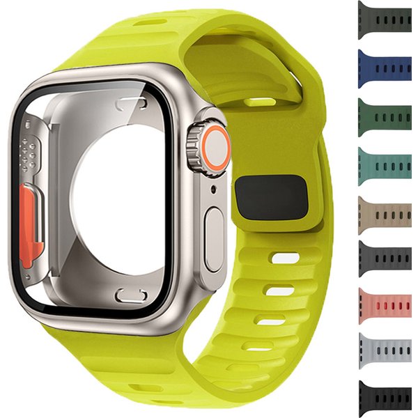 Bracelet en Silicone + étui pour boîtier de montre Apple 44mm 45mm 41mm 40mm, couvercle en verre trempé, changement à Ultra pour iWatch série 8 7 SE 6 5 3
