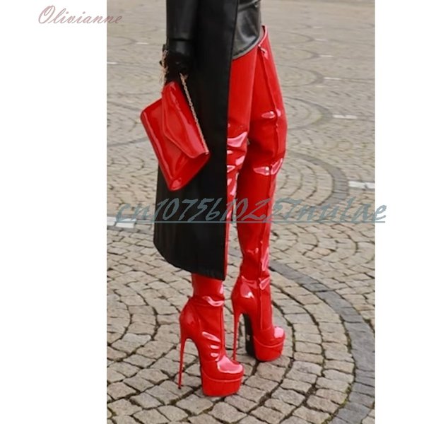 Heiße Damen Overknee-Stiefel aus Glänzendem Rotem Leder mit Plateau und Stiletto-Absatz, Frühjahr 2026 Sexy Damenschuhe