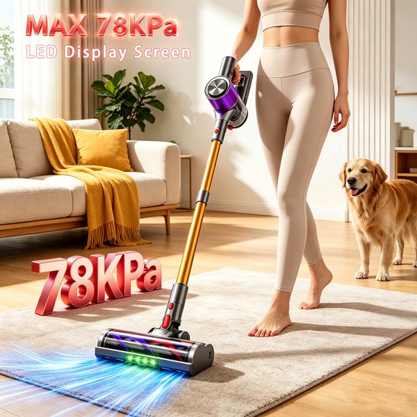 Odkurzacz bezprzewodowy Honki 78KPA z wyświetlaczem LED, pojemnik na kurz 1.5L, 6*2200mAh baterie, super mocne ssanie, lekki odkurzacz do dywanów, dywaników, sof, sierści zwierząt.