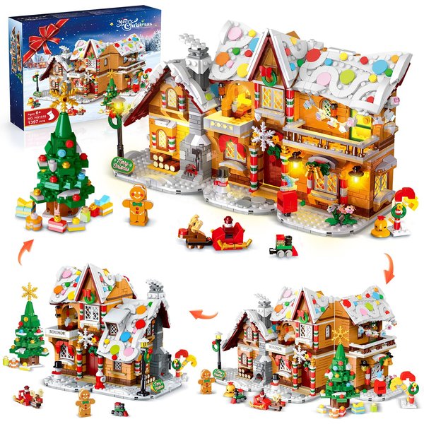 HOGOKIDS 1397 Teile 3-in-1 Weihnachts-Lebkuchenhaus Bausteine Spielzeug Schneehaus mit Weihnachtsmann, Weihnachtsbaum und Zug für Erwachsene und Jugendliche Weihnachtsgeschenk Heimdekoration
