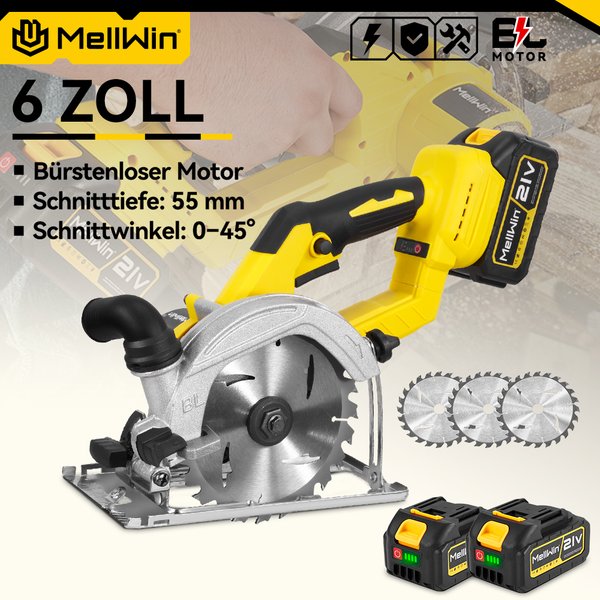 MELLWIN 6 Zoll Bürstenlose Akku-Kreissäge 7200 U/min 55mm Schnitttiefe 0-45 ° Einstellbare Elektrosäge für Makita 18V Akku