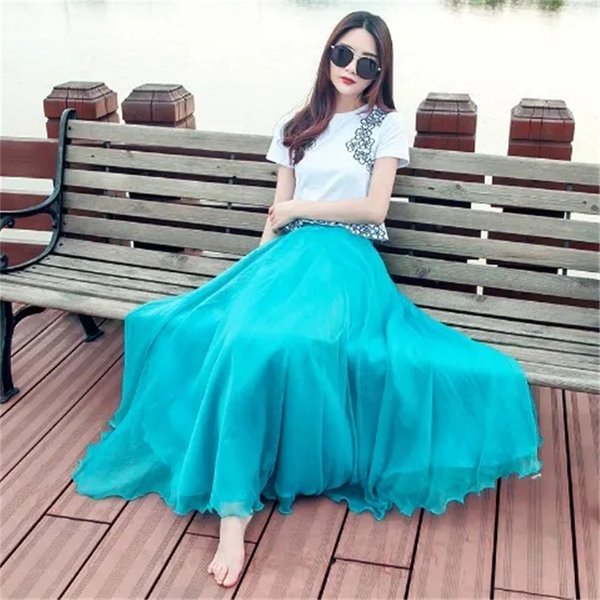 Lange Bohemian Strandröcke für Damen, Frühling Sommer, Elastische Taille, A-Linie Plissierter Rock, Eleganter Goldseide-Chiffon Maxirock