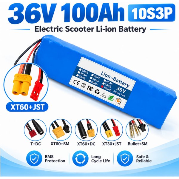 Batterie de trottinette électrique 36V 10S3P 100Ah, cellules 18650 de qualité A, 500W-1000W, BMS intégré, XT60 JST, longue autonomie, sûre et durable