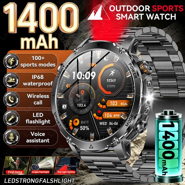 LIGE Neue 1400mAh Große Batterie Smartwatch für Männer Outdoor LED-Taschenlampe IP68 Wasserdicht Bluetooth-Anruf 1,7 Zoll AMOLED-Bildschirm Militär-Sport-Smartwatch für Männer
