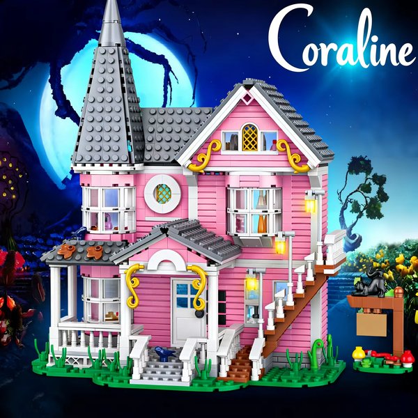 Coralines ikonisches pinkes Palast-Bausteinset, Fantasy-Geisterhaus-Modell zur Dekoration, einzigartiges Sammlergeschenk für Filmfans