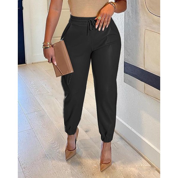 Spring and summer in Europe and the new solid color draw string bag PU leather bunch of foot skin height pants female leisure fa