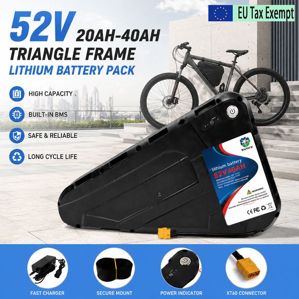 52V 20-40AH Dreieck-Ebike-Akku, wasserdichte Hartschale, große Kapazität, starke Leistung, kompatibel mit 350W 500W 750W 1000W Motor, Stromversorgung für Mountainbikes, Lieferung aus lokalem Lager in