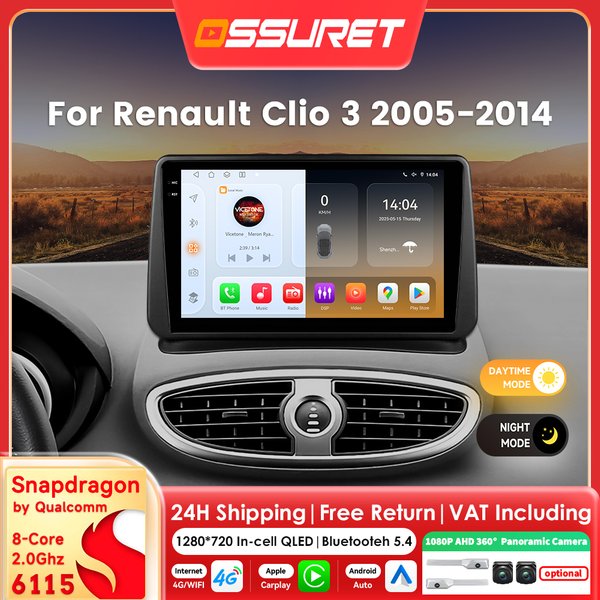 9"2din Carplay Android 14 Autoradio für Renault Clio 3 2005 - 2014 Multimedia-Player von Snapdragon Autoradio GPS 360 Cam Bildschirm