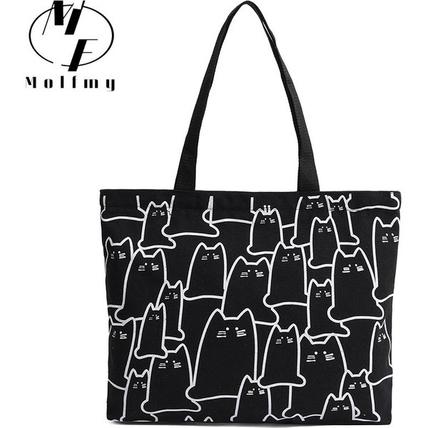 Leinwand Handtasche Für Frauen 2022 Mode Nette Katze Tote Messenger Taschen Mit Zipper Designer Tasche Damen Cartoon Schulter Shopper Taschen