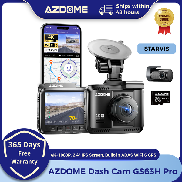 AZDOME Dashcam GS63H Pro 4K + 1080P 2,4-Zoll-IPS-Bildschirm 150 ° FOV Integrierter ADAS WiFi 6 GPS Auto DVR G-Sensor 24H Parkmonitor Camare
