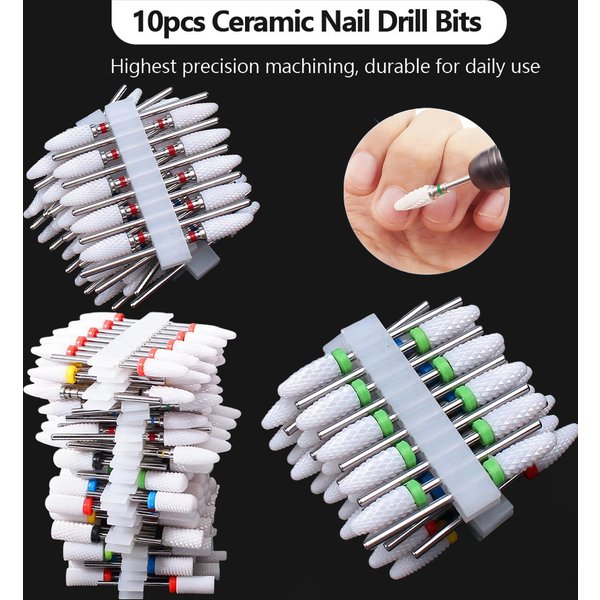 10 szt. ceramicznych frezów do paznokci 3/32 cala, profesjonalne i trwałe, do usuwania żelowych paznokci, czyszczenia skórek, idealne do manicure