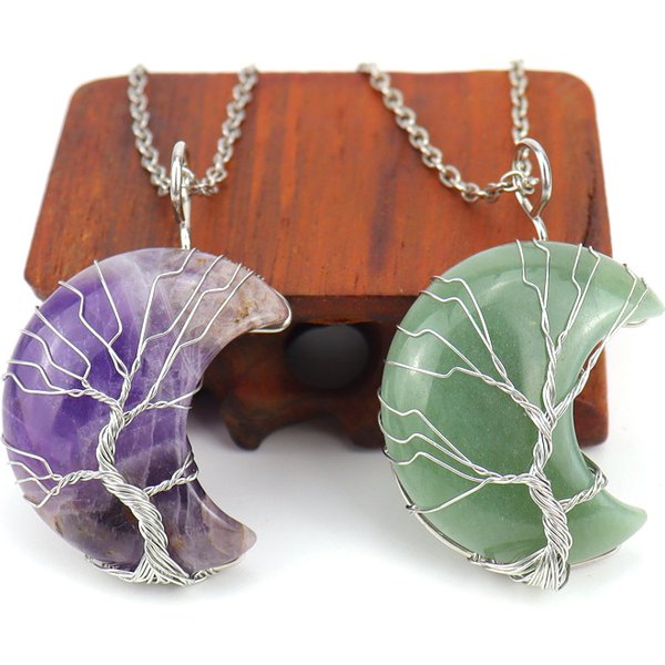 Pendentif en cristal naturel, enveloppe de fil, arbre de vie, grande croissant de lune, pierre minérale, pendule, améthyste, Quartz, collier pour femmes, cadeau