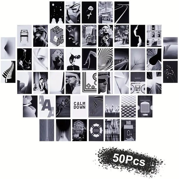 50-teiliges Wand-Collage-Set, ästhetische Bilder, schwarz-weißes Foto-Wand-Collage-Set, Wandkunst, Raumdekoration, Teenager-Mädchen-Schlafzimmer-Dekoration