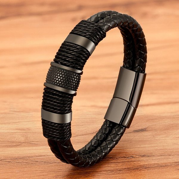 Bracelets Vintage en cuir tissé pour hommes, Bracelets classiques en acier inoxydable, Punk, bijoux cadeaux masculins