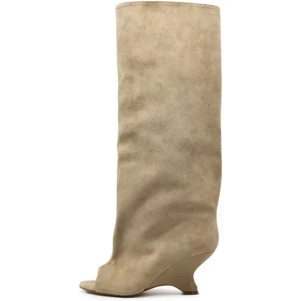 2026 Damen Fish-Mouth-Stiefel mit dicken, hohen Absätzen, knielang, coole Stiefel mit schrägem Absatz, Modenschau, große Größen, Frühling/Sommer Damenstiefel