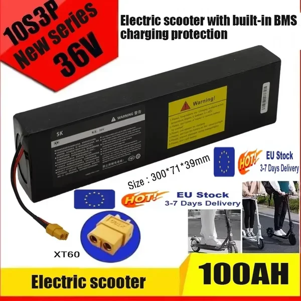 36V 100Ah Wiederaufladbarer Lithium-Akku 18650 10S3P 500W Leistung Modifizierter 36V Elektroroller-Akku mit BMS, XT60 XT30 Stecker
