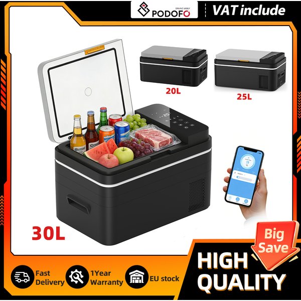 Podofo Car Refrigerator 20L 25L 30L Mini Compressor Car Freezer Cooler 48QT APP Control Cooler 12 24V DC 100 240V AC For Camping Truck Home Travel