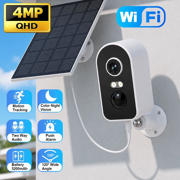 2K QHD Indoor Einlinsen-WiFi-Solar-Sicherheitskamera, IR- und Vollfarb-Nachtsicht, PIR-Menschenerkennung, Bewegungserkennung, Zwei-Wege-Audio, Videowiedergabe