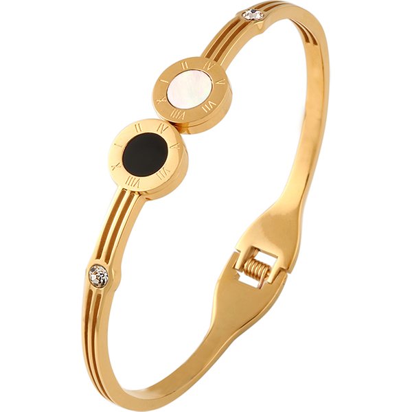 Black & White Open Cuff Bangle Gold Color Stainless Steel CZ Bracelets For Women Fashion Wedding Party Jewelry Gift