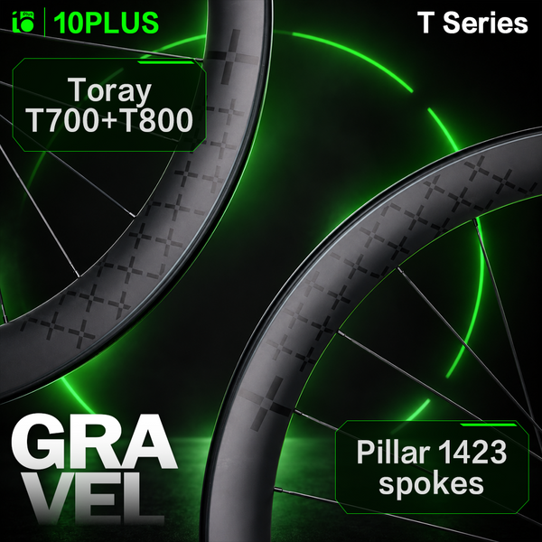 Zestaw kół do roweru gravel 10PLUS T Series, karbonowe, 700C, 38mm, 45mm, 36T, z mechanizmem zatrzaskowym, hamulcami tarczowymi, bezdętkowe.