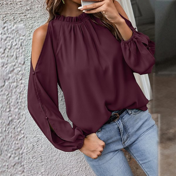 Autumn and Winter New Women's Clean Color Lotus Leaf Round Neck Long Sleeve Pleated Off Shoulder Fashion Women's Top