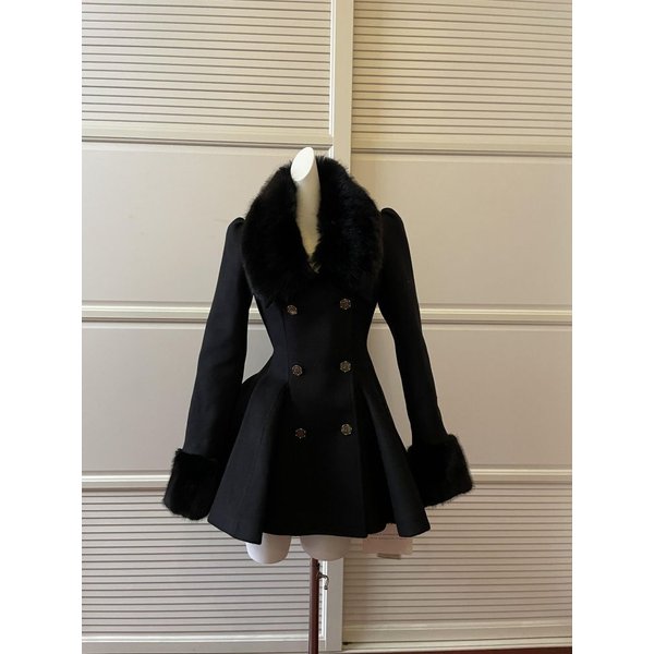 Winter Hepburn Black Fur Collar Woolen Coat French Style Vintage Blends Slim Mid-length Outwear Elegant Lolita Warm Outfits New
