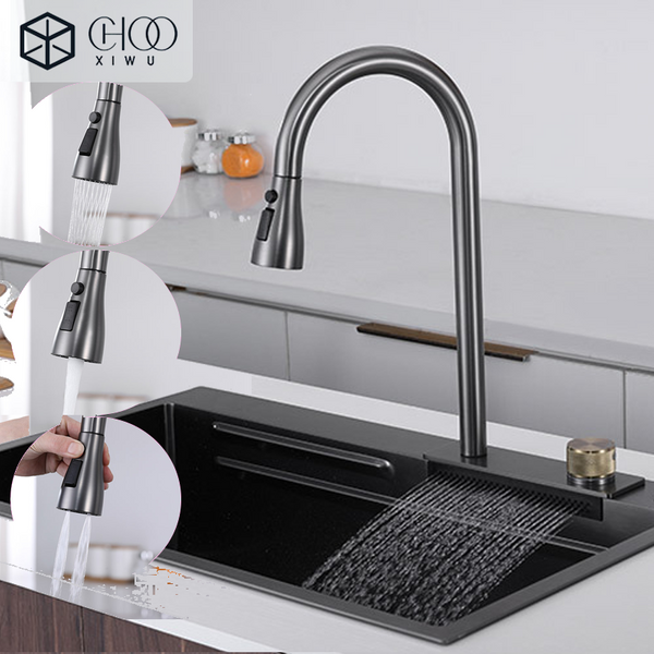 CHOOXIWU - Beliebter Wasserfall-Wasserhahn aus Edelstahl 304, heißer und kalter Niederschlag, Küchenspüle, Wasserhähne, herausziehbarer Spray-Küchenspüle-Wasserhahn