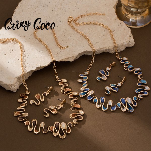 Cring Coco handgefertigte Emaille-Schmucksets in Wellenform, modischer, beliebter Schmuck, Halskette, Ohrring-Set für Frauen, Valentinstagsgeschenke