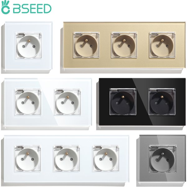 BSEED FR-Prise de Courant Simple Standard avec Couvercle Étanche, Prises Françaises à Double Paroi, Triple Prise d'Alimentation, Panneau en Verre, 16A, 110-250V