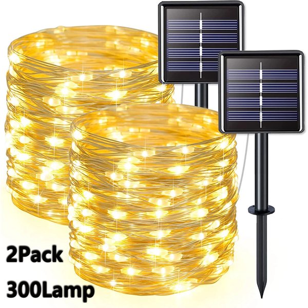 2er-Pack Solar-Lichterketten, 300 LEDs, Solar-Lichterketten für den Außenbereich, wasserdicht, 8 Modi, Kupferdraht, funkelndes Licht