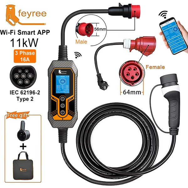 Feyree 11kW Typ 2 16A 3-fazowa przenośna ładowarka EV z Wi-Fi, aplikacją i Bluetooth, kabel do ładowania EVSE 5m, wtyczka CEE do samochodów elektrycznych