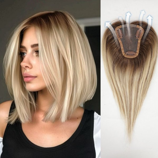 Cheveux Toppers ombré blond brun cendré Balayage 12 pouces 100% humains Remy avec Base en dentelle partie centrale Clips dans postiche pour femmes