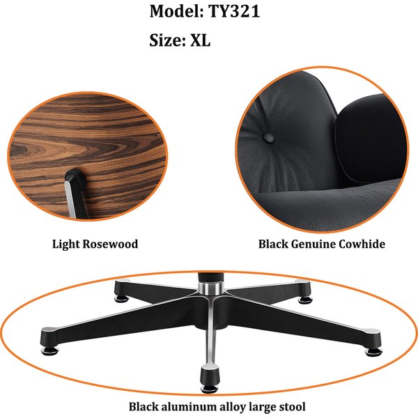 EU-Lagerbestand TY321 XL Lounge-Sessel mit Hocker, helles Rosenholz, schwarzes Vollnarbenleder, achtlagige gebogene Platte, schwarze Aluminiumbasis, ergonomische Ganzkörperstütze, 360° drehbar °