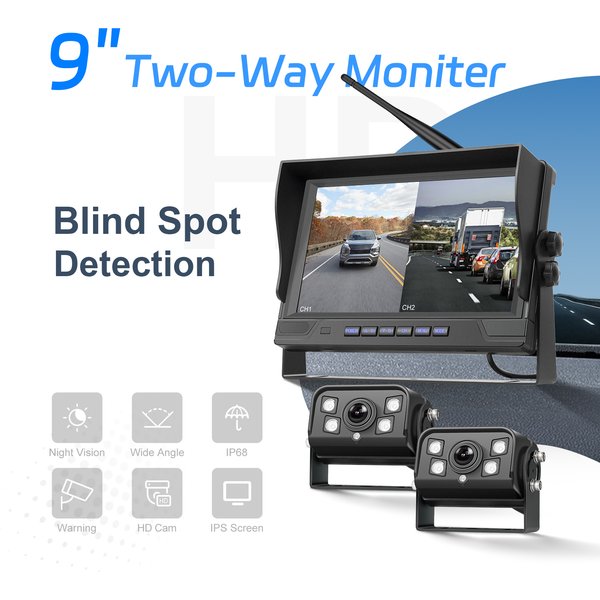 Degreat 9-Zoll-IPS-Automonitor mit 2 kabellosen Rückfahrkameras, IP68 wasserdicht, Infrarot-Nachtsicht-Rückfahrkamera für Wohnmobile